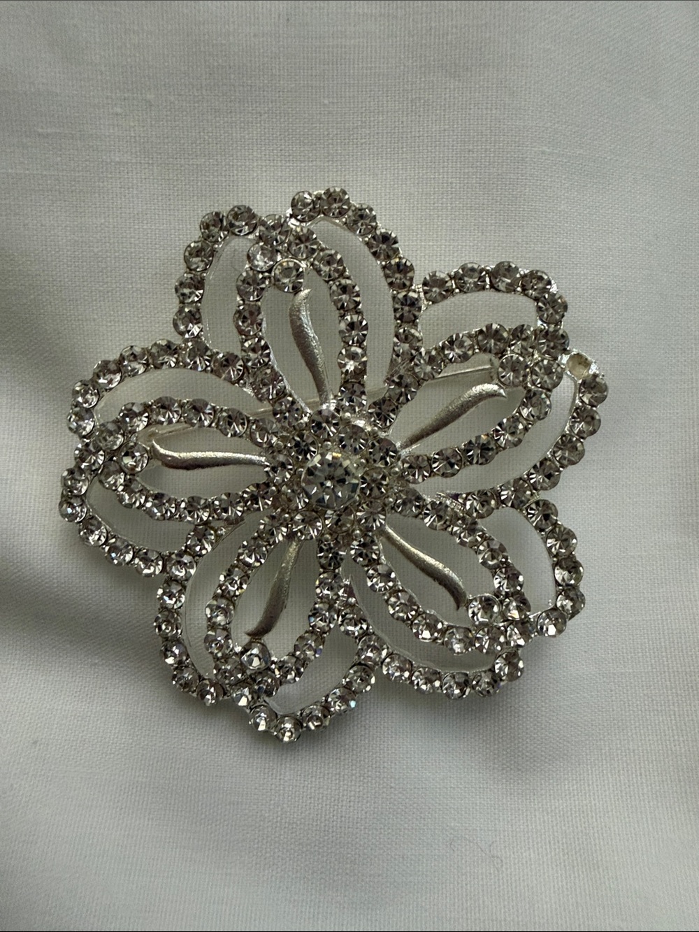 Crystal Flower Brooch - Silver Tone